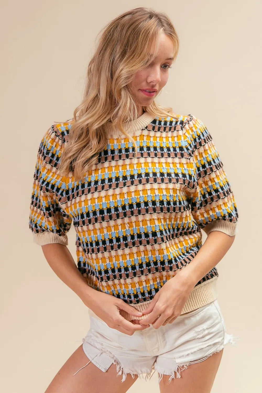 BiBi Multi Color Half Sleeve Sweater - Farnelli