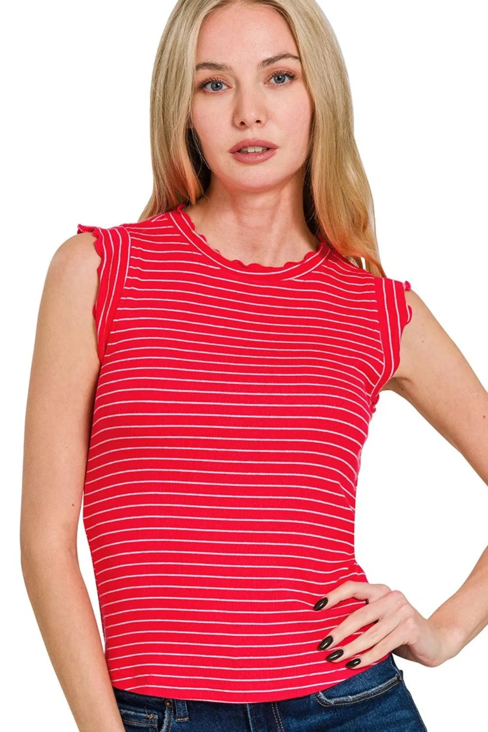 Zenana Ribbed Ruffle Trim Sleeveless Stripe Top - Farnelli