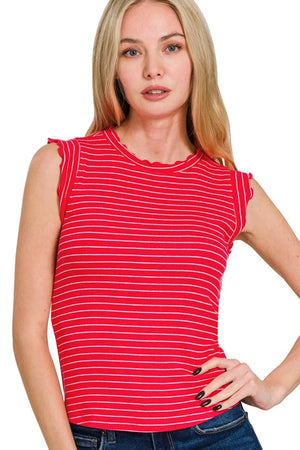 Zenana Ribbed Ruffle Trim Sleeveless Stripe Top - Farnelli
