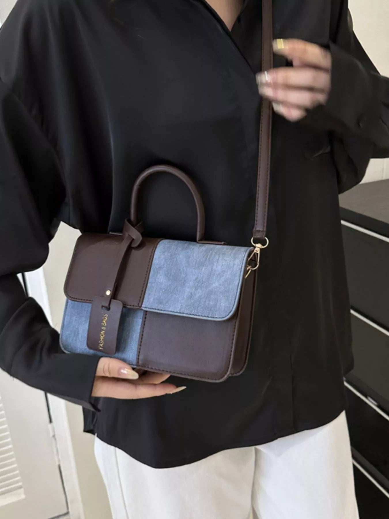 Two-Tone PU Leather Crossbody Bag - Farnelli