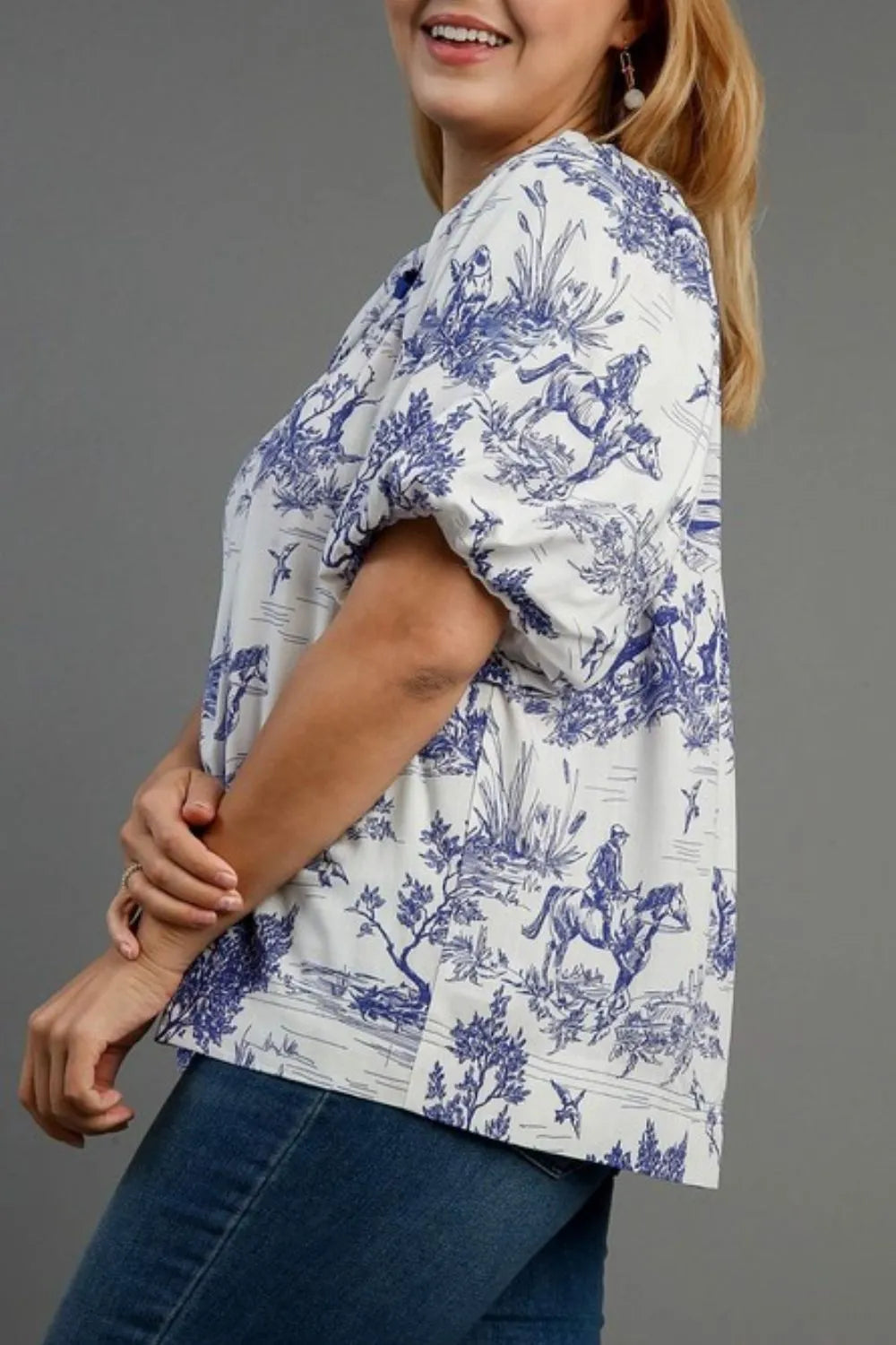 Umgee Full Size Two Tone Landscape Round Neck Print Top Plus Size - Farnelli