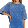 Zenana French Terry Washed Drop Shoulder Short Sleeve Top - CLASSIC BLUE