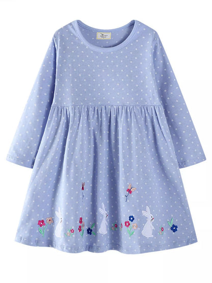 Children's Cute Bunny Embroidered Polka Dot Dress - Farnelli