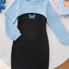 Children's Butterfly Long Sleeve Casual Dress Set - Light Blue