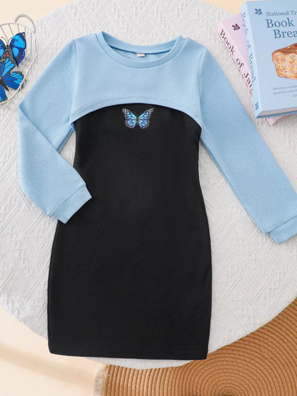 Children's Butterfly Long Sleeve Casual Dress Set - Farnelli