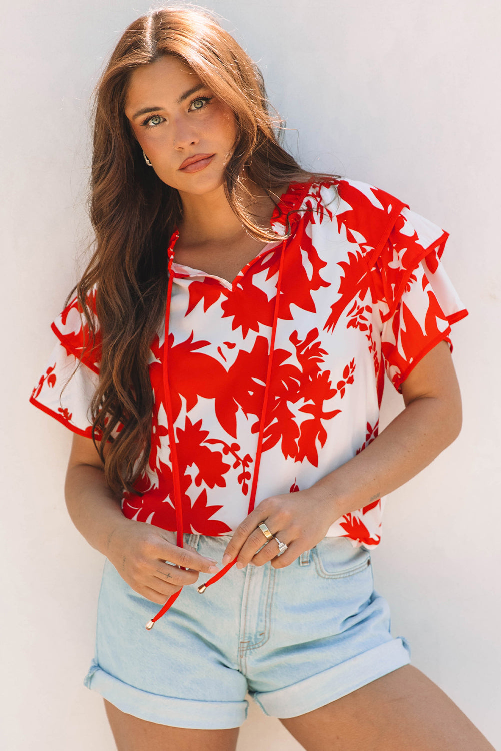 Zoya Tiered Ruffled Sleeve V Neck Blouse - Farnelli