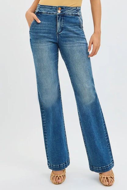 RISEN Full Size Tummy Control High Rise Bootcut Jeans with Double Button Waistband Plus Size - Farnelli