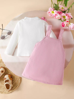 Children's Heart Decor Corduroy Overall Dress & Ribbed Top Set - Farnelli