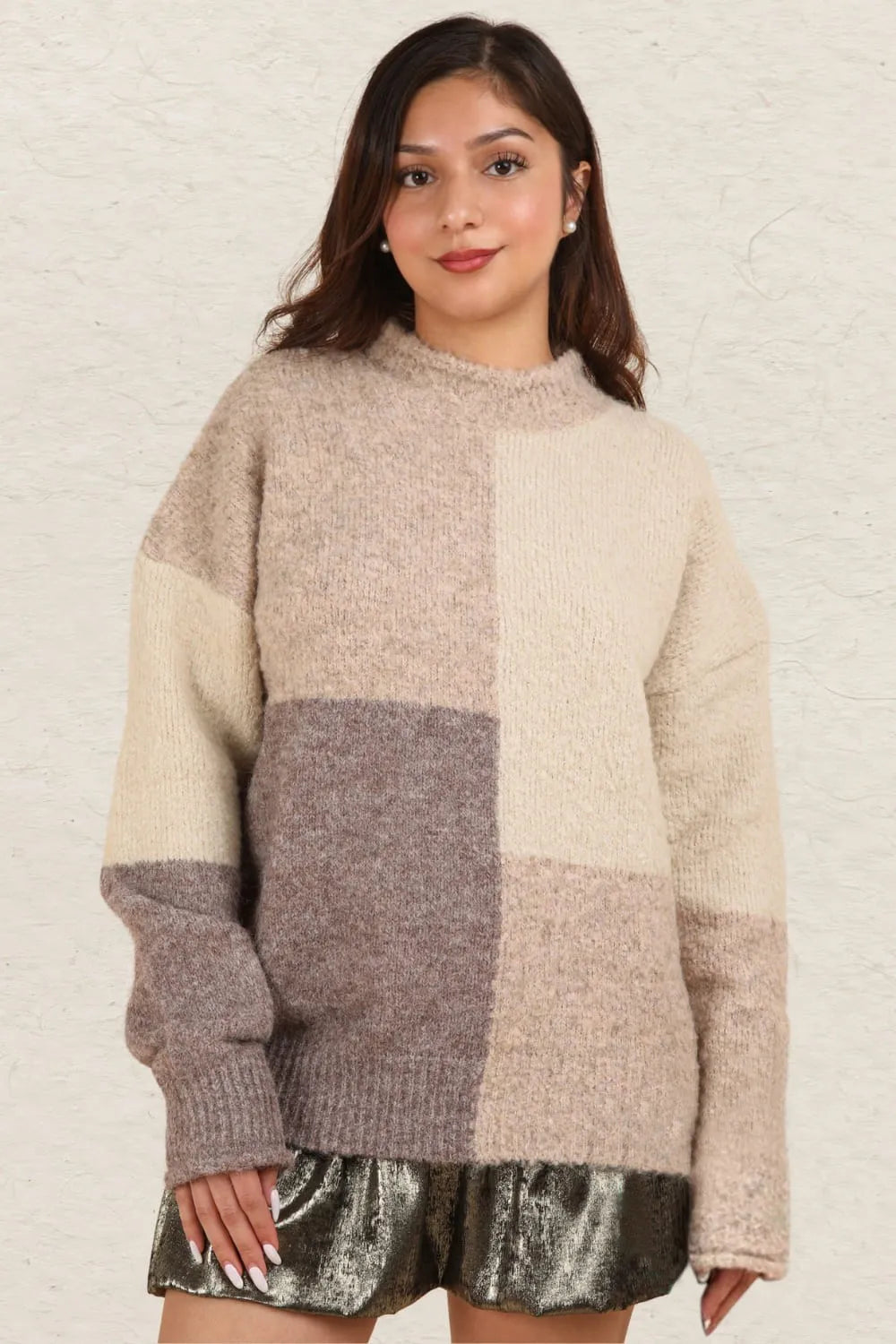 VERY J Color Block Mock Neck Drop Shoulder Sweater - Farnelli