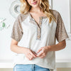 Heimish Full Size Animal Print Half Button Short Sleeve Top - OATMEAL