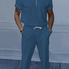 Men's Full Size Quarter Zip Short Sleeve Polo and Pants Set Plus Size - Sea blue