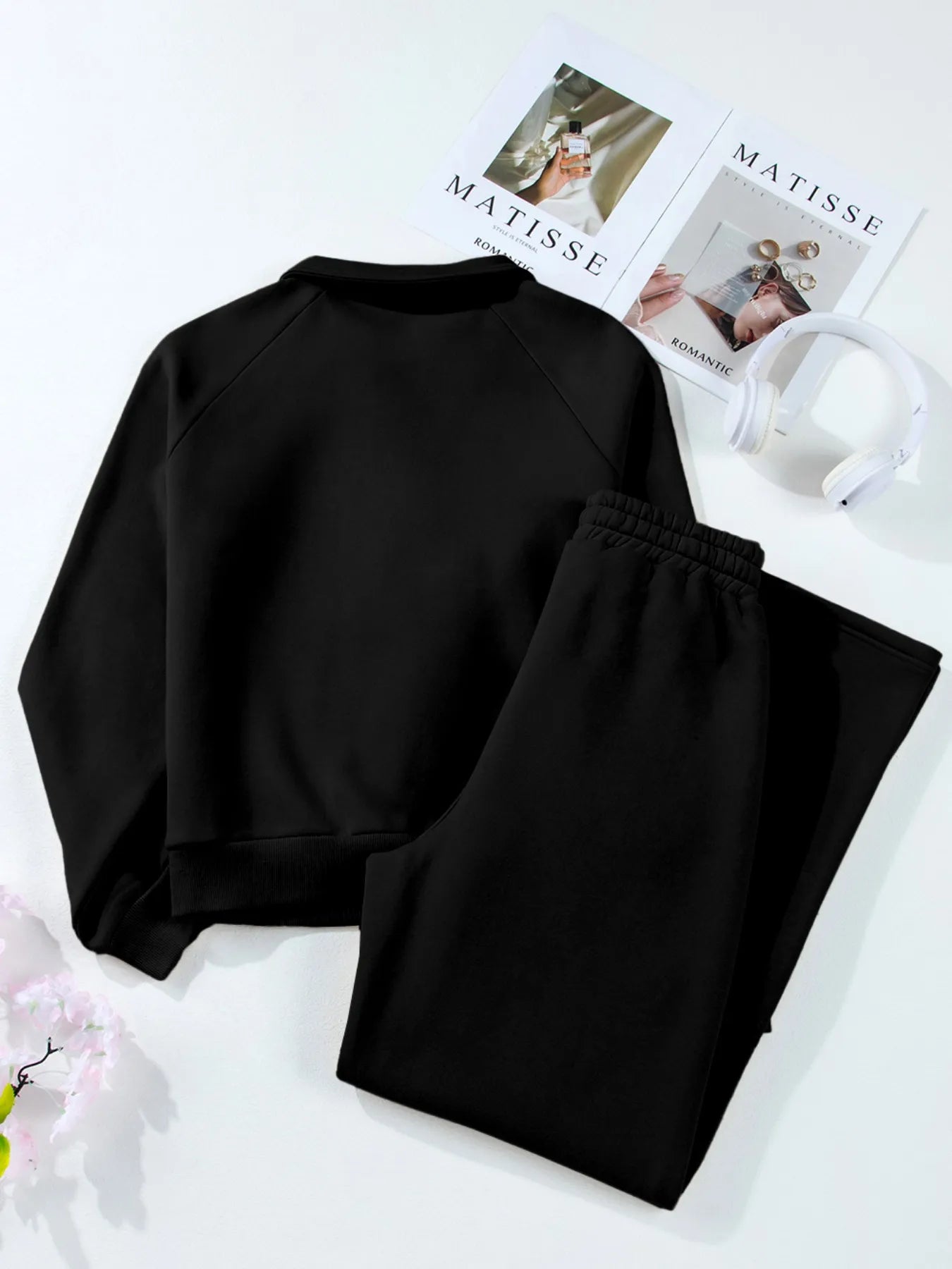 Collared Sweatshirt and High Waist Pants Active Set - Farnelli