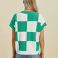 Double Take Full Size Checkered Round Neck Short Sleeve Sweater - Farnelli