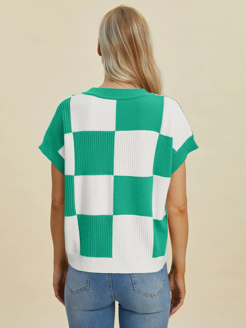 Double Take Full Size Checkered Round Neck Short Sleeve Sweater - Farnelli