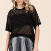 GeeGee Round Neck Drop Shoulder Mesh Glitter Top - Black