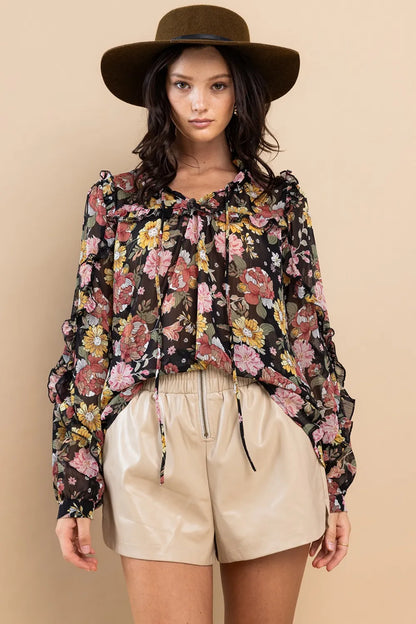 Ces Femme Ruffle Trim Long Sleeve Floral Blouse - Farnelli