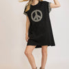 Umgee Peace Plaid Applique Short Sleeve Mini Dress - Black