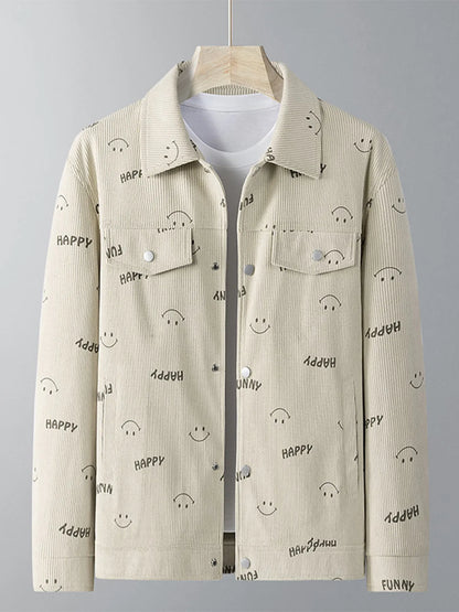 Men's Plus Size Smiley Face Print Snap Down Casual Jacket - Farnelli
