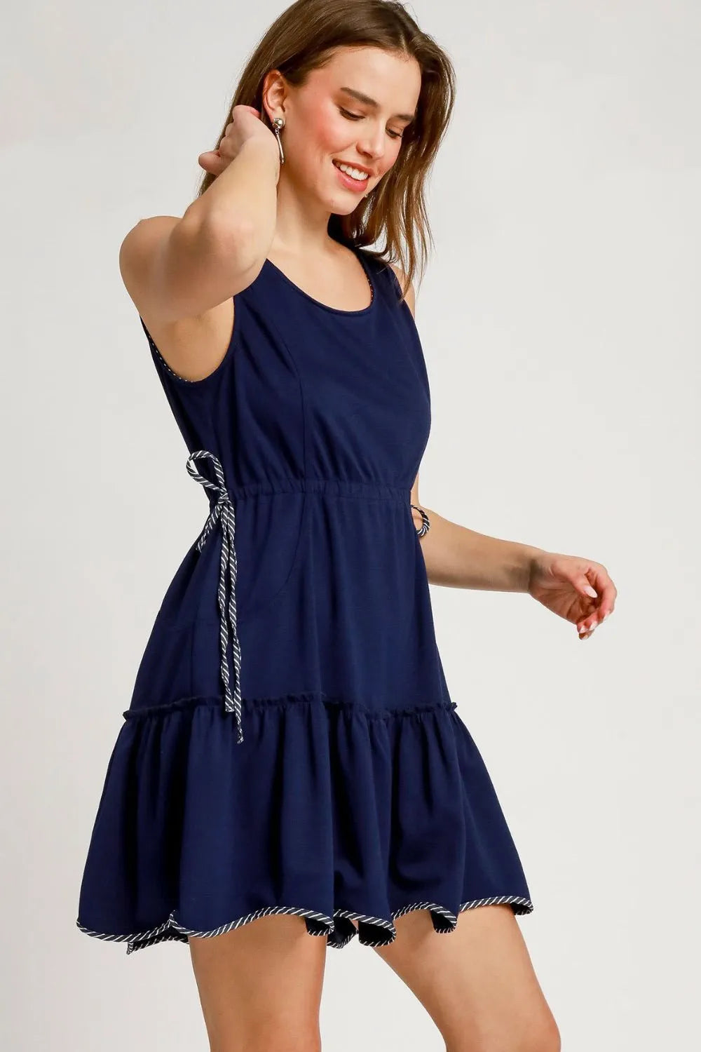 Umgee Frill Drawstring Waist Round Neck Mini Tank Dress - Farnelli