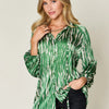 Double Take Full Size Printed Button Up Long Sleeve Shirt - Dark Green