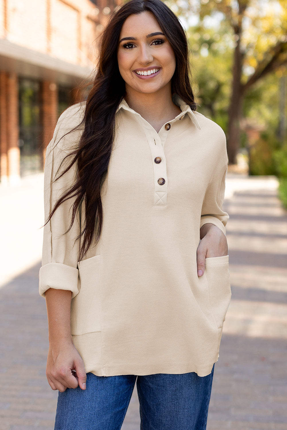 Arianna Waffle  Half Button Top. - Farnelli