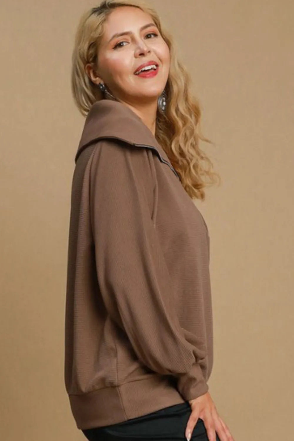 Umgee Full Size Ribbed Knit Half Zipper Sweatshirt Plus Size - Farnelli