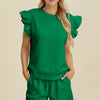 Double Take Full Size Texture Round Neck Ruffle Sleeve Top and Shorts Set - Dark Green