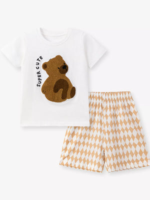 Children's Bear Graphic Tee & Diamond Pattern Shorts Set - Farnelli