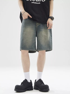 Men's Full Size Vintage Wash Wide Leg Denim Shorts Plus Size - Farnelli