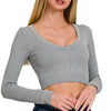 Zenana Seamless Fitted Rib V-neck Long Sleeve Crop Top - H GREY