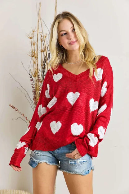 ADORA Full Size Heart V-Neck Knit Top Plus Size - Farnelli