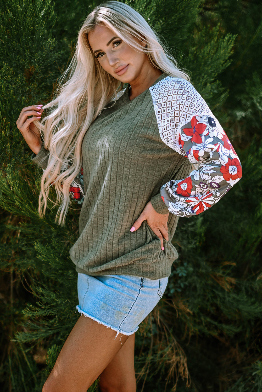 Bailey Patchwork Long Sleeve Ribbed Blouse - Farnelli
