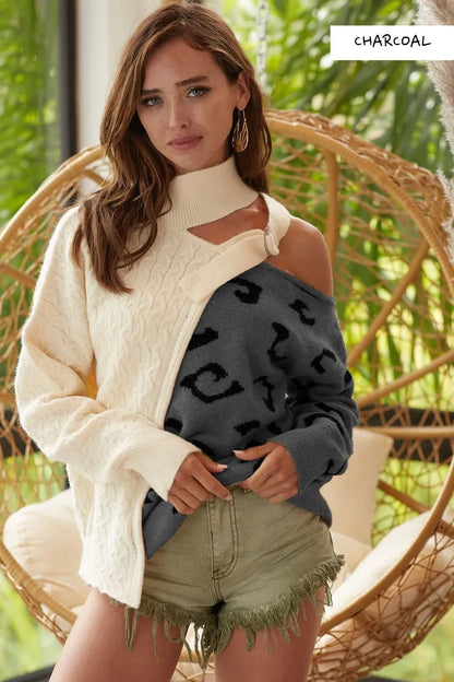 BiBi Cable-Knit Color Block One Shoulder Asymmetrical Sweater - Farnelli