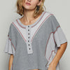 POL Round Neck Short Sleeve Contrast Stitching Top with Back Strap Detail - GREY MULTI