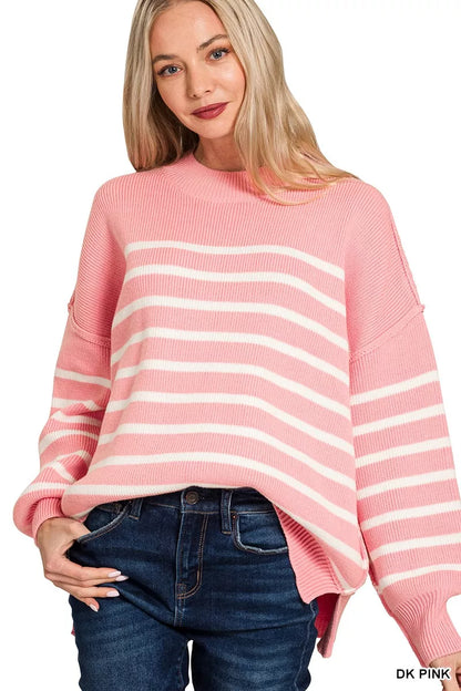 Zenana Exposed Seam Striped Oversized Sweater - Farnelli