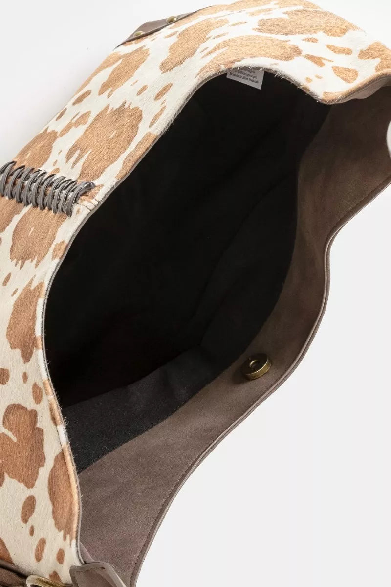 Fame Cow Print Hobo Shoulder Bag with Studded Details - Farnelli