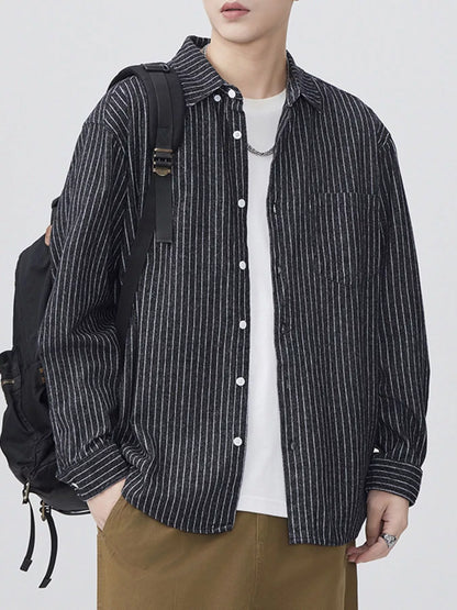 Men's Plus Size Striped Button Up Long Sleeve Shirt - Farnelli