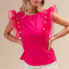 BiBi Pearl Decor Mesh Ruffle Sleeve Top - Fuchsia