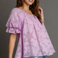 Umgee Full Size Jacquard Round Neck Ruffled Puff Sleeve Blouse Plus Size - Farnelli