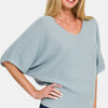 Zenana V-Neck Short Sleeve Dolman Sweater - Blue Grey