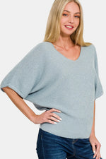 Zenana V-Neck Short Sleeve Dolman Sweater - Farnelli