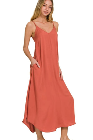 Zenana Woven Arc Hem Cami Midi Dress With Flowy Pockets - Farnelli