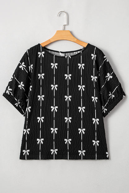 Aviana Bow Print Puff Short Sleeve Top - Farnelli