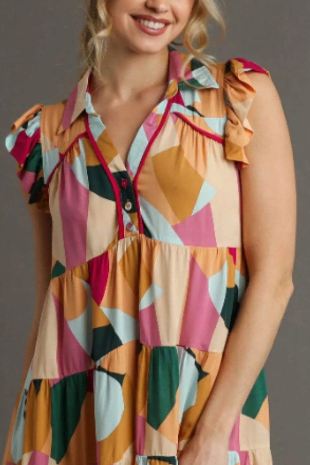 Umgee Full Size Button Detail Ruffle Sleeve Mini Dress Plus Size - Farnelli