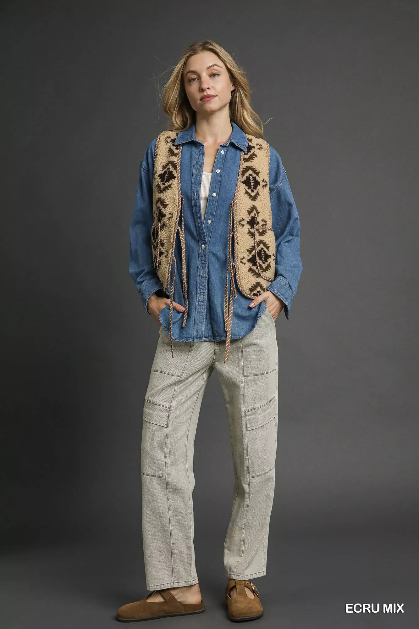 Umgee Mix Patterned Sherpa Tie-Front Vest - Farnelli