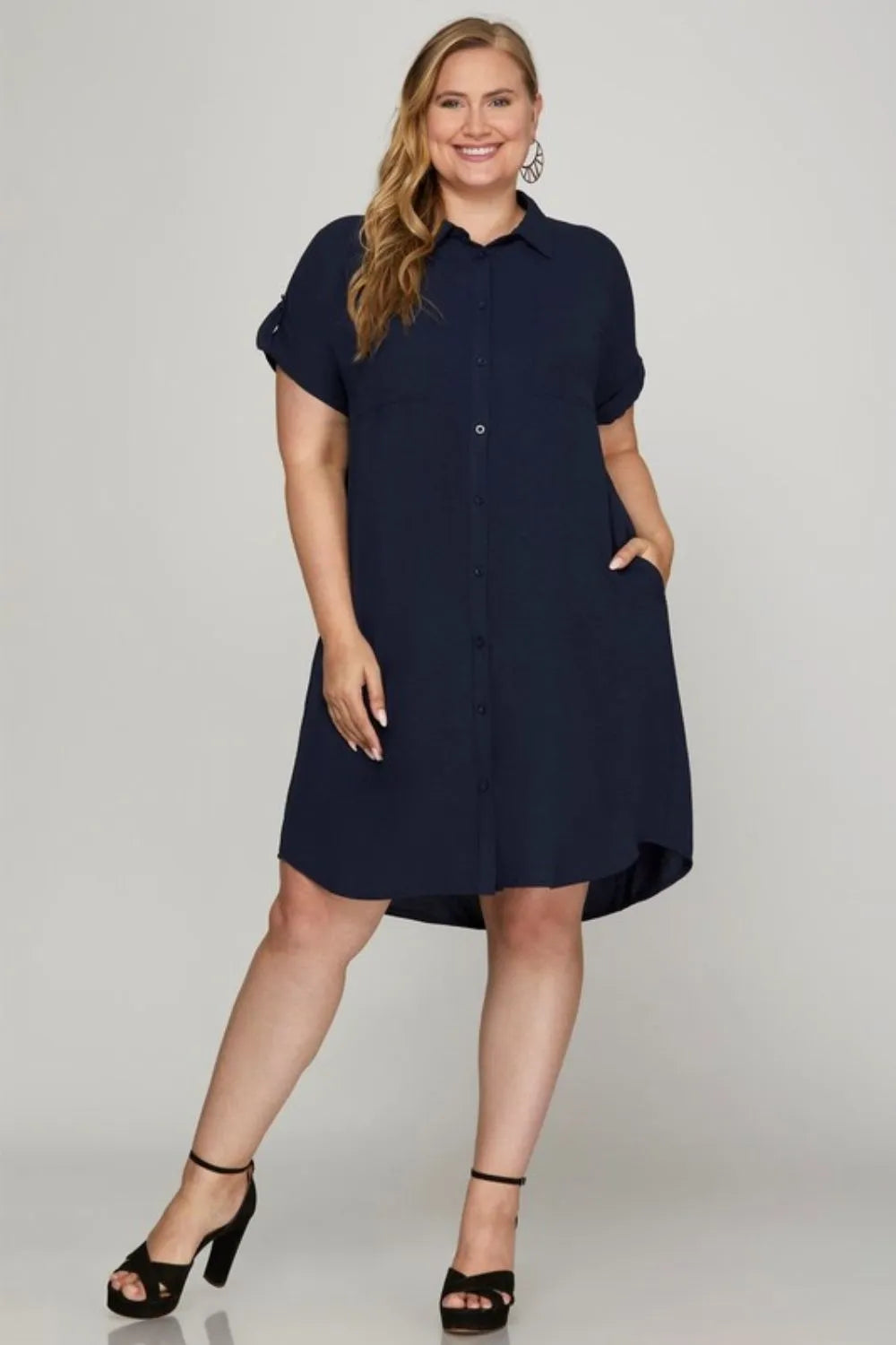 She + Sky Full Size Button Down Short Sleeve Woven Shirt Dress Plus Size - Farnelli