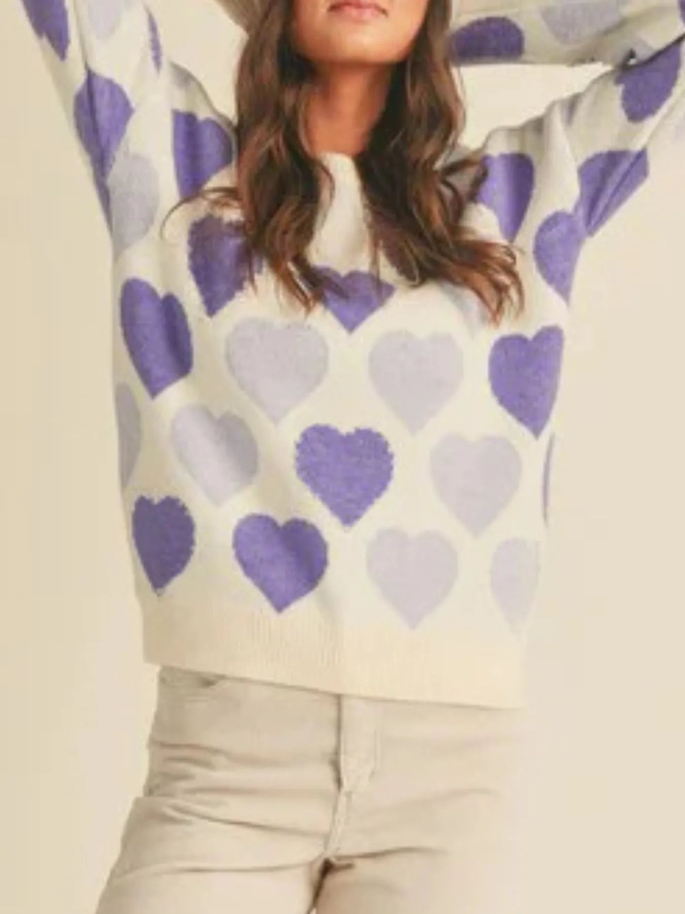 Heart Ribbed Hem Long Sleeve Sweater - Farnelli