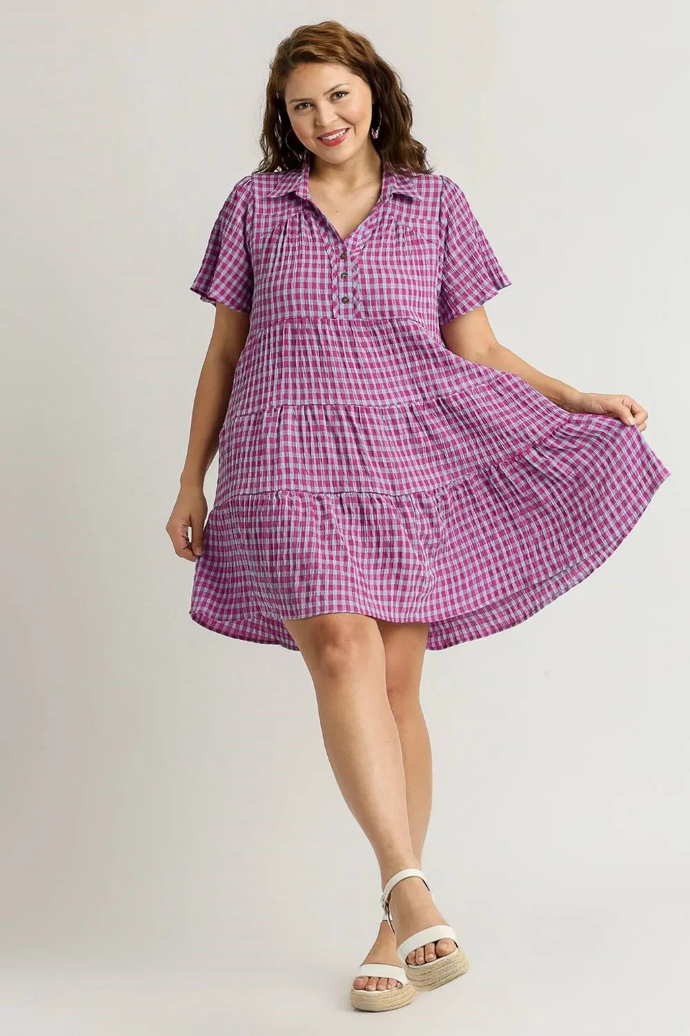 Umgee Full Size Gingham Tiered Button Detail Short Sleeve Dress Plus Size - Farnelli
