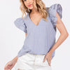 Ces Femme Striped V-Neck Ruffled Cap Sleeve Blouse - BLUE