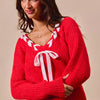 SO ME Satin Tape Braided Ribbon Tie V Neck Sweater - RED